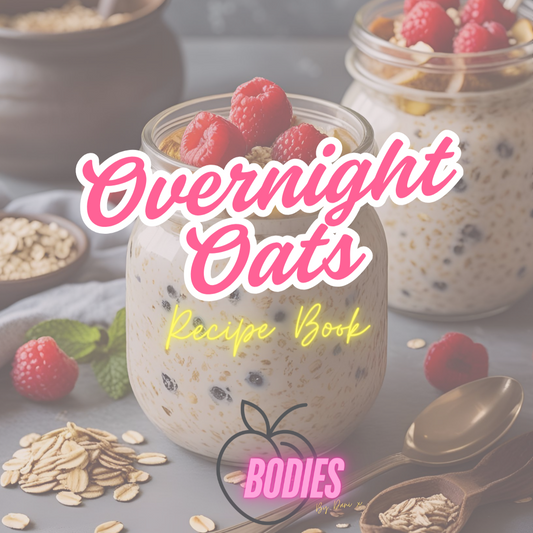 Cover of 'Overnight Oats Recipe Book' by BODIES with jars of oats and berries.